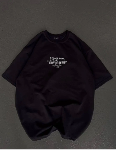 kadın Bisiklet Yaka Baskılı Oversize T-Shirt - Siyah