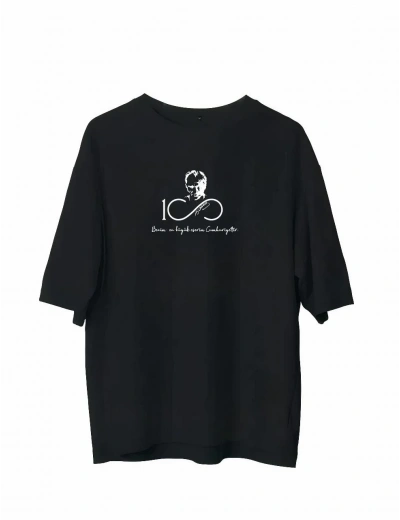 Erkek  Bisiklet Yaka Baskılı Oversize T-Shirt - Siyah