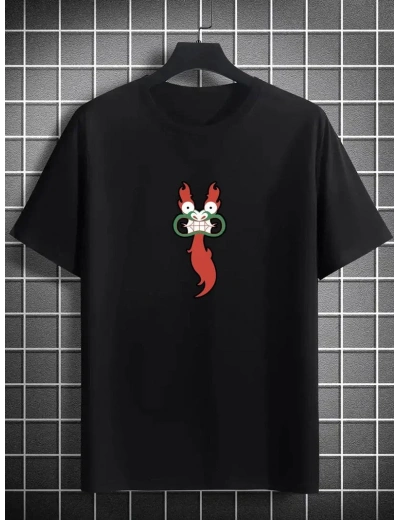 Unisex Bisiklet Yaka Baskılı Oversize T-Shirt - Siyah