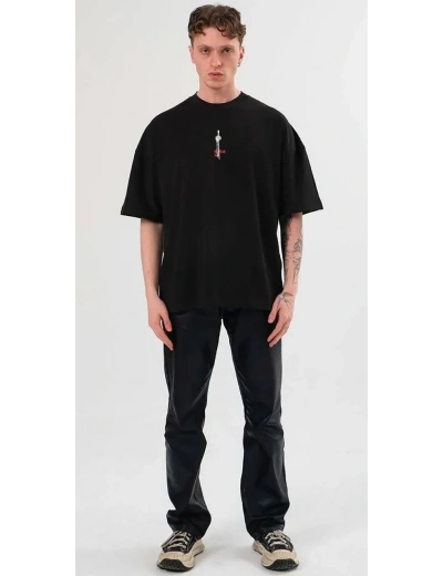 Erkek  Bisiklet Yaka Baskılı Oversize T-Shirt - Siyah