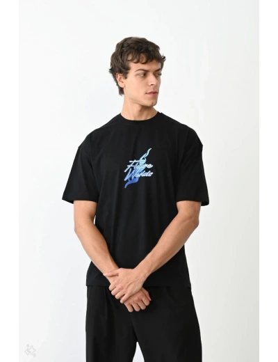 ERKEK Bisiklet Yaka Baskılı Oversize T-Shirt - Siyah