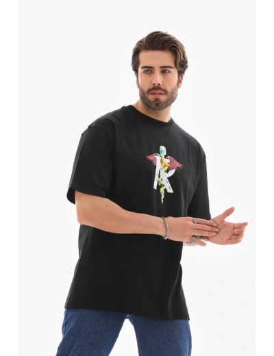Erkek Bisiklet Yaka Baskılı Oversize T-Shirt - Siyah