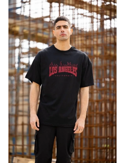 Unisex Bisiklet Yaka Baskılı Oversize T-Shirt - Siyah