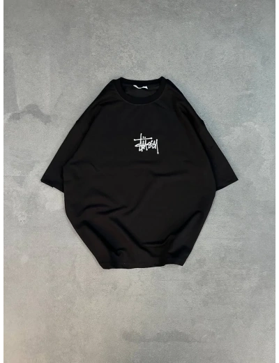 kadın Bisiklet Yaka Baskılı Oversize T-Shirt - Siyah