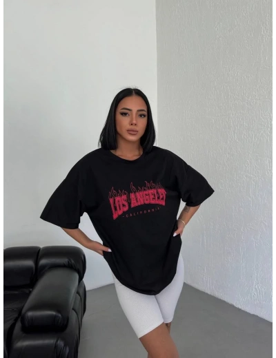 kadın  Bisiklet Yaka Baskılı Oversize T-Shirt - Siyah