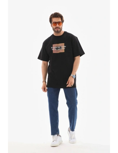 Erkek Bisiklet Yaka Baskılı Oversize T-Shirt - Siyah