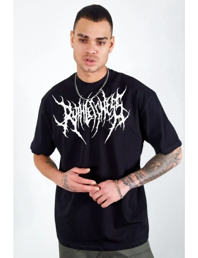 Erkek  Bisiklet Yaka Baskılı Oversize T-Shirt - Siyah