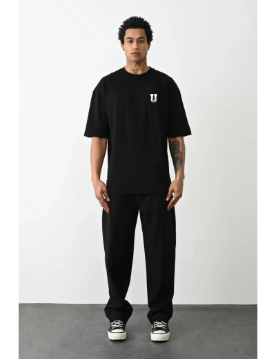 ERKEK Bisiklet Yaka Baskılı Oversize T-Shirt - Siyah