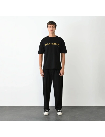 ERKEK Bisiklet Yaka Baskılı Oversize T-Shirt - Siyah