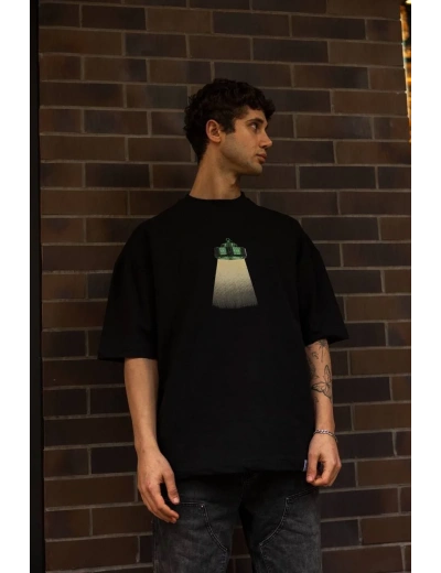 Erkek Bisiklet Yaka Baskılı Oversize T-Shirt - Siyah