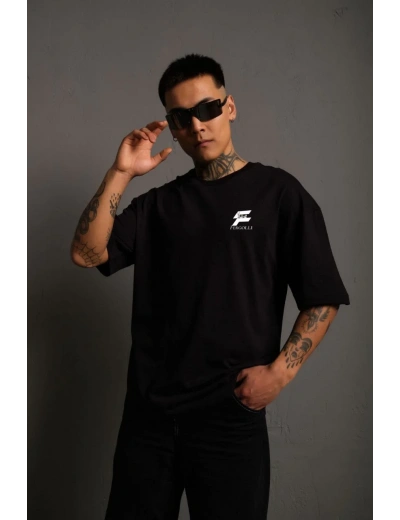 Erkek  Bisiklet Yaka Baskılı Oversize T-Shirt - Siyah