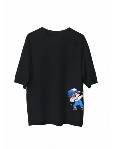 Erkek Bisiklet Yaka Baskılı Oversize T-Shirt - Siyah