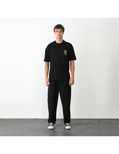 Erkek Bisiklet Yaka Baskılı Oversize T-Shirt - Siyah