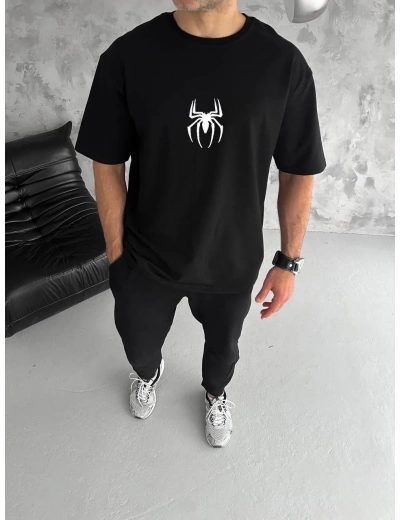 ERKEK  Bisiklet Yaka ön ve sırt örümcek Baskılı Oversize T-Shirt - Siyah