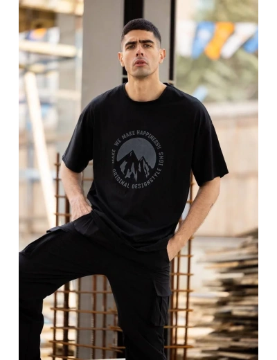 Unisex Bisiklet Yaka Baskılı Oversize T-Shirt - Siyah