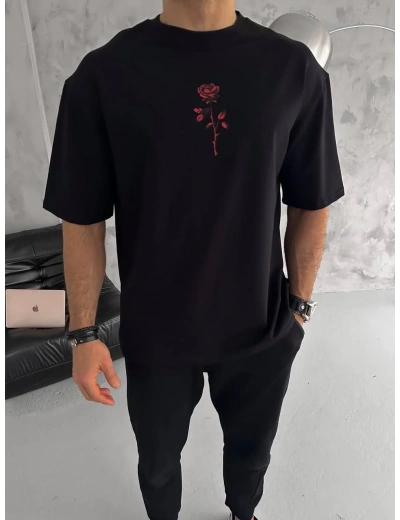 Erkek Bisiklet Yaka Baskılı Oversize T-Shirt - Siyah