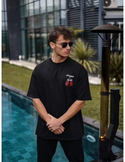 Erkek  Bisiklet Yaka Baskılı Oversize T-Shirt - Siyah