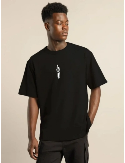 Erkek Bisiklet Yaka Baskılı Oversize T-Shirt - Siyah