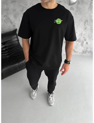 ERKEK Bisiklet Yaka ön ve sırt Baskılı Oversize T-Shirt - Siyah
