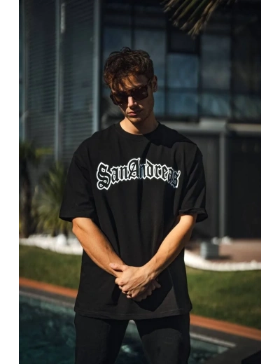 Erkek  Bisiklet Yaka Baskılı Oversize T-Shirt - Siyah