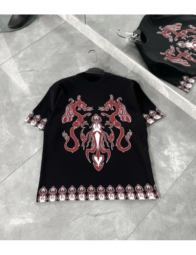 Unisex Bisiklet Yaka Baskılı Oversize T-Shirt - Siyah