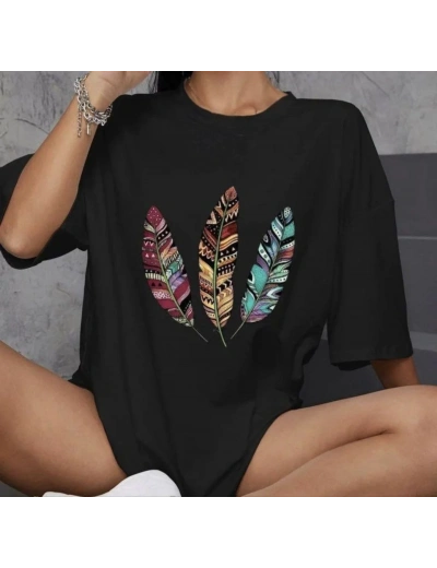 kadın  Bisiklet Yaka Baskılı Oversize T-Shirt - Siyah