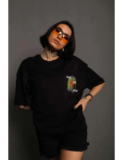 kadın Bisiklet Yaka Baskılı Oversize T-Shirt - Siyah