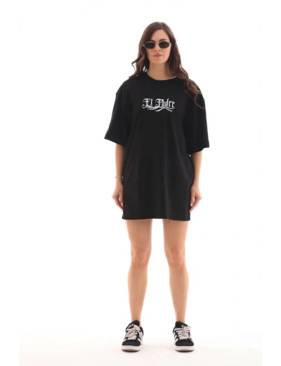kadın Bisiklet Yaka Baskılı Oversize T-Shirt - Siyah
