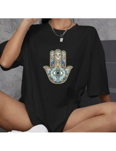 kadın  Bisiklet Yaka Baskılı Oversize T-Shirt - Siyah