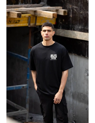 ERKEK Bisiklet Yaka Baskılı Oversize T-Shirt - Siyah