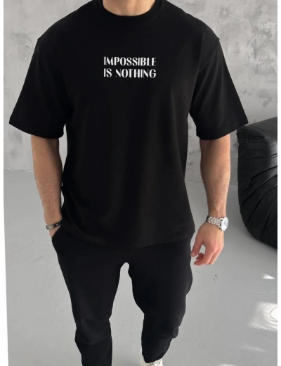 ERKEK Bisiklet Yaka Baskılı Oversize T-Shirt - Siyah