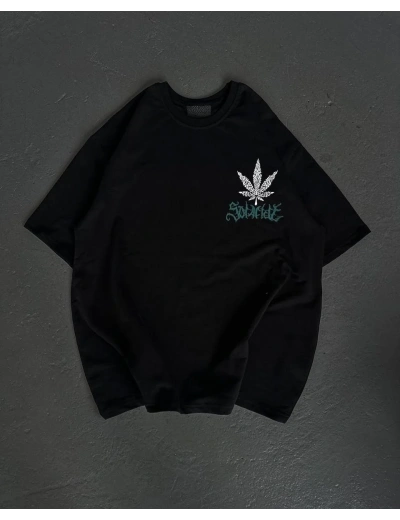 kadın  Bisiklet Yaka Baskılı Oversize T-Shirt - Siyah