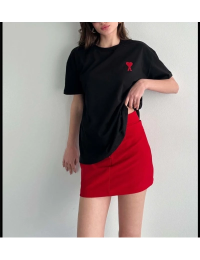 kadın  Bisiklet Yaka Baskılı Oversize T-Shirt - Siyah