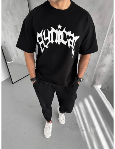 Erkek Bisiklet Yaka Baskılı Oversize T-Shirt - Siyah