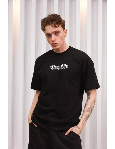 Erkek Bisiklet Yaka Baskılı Oversize T-Shirt - Siyah