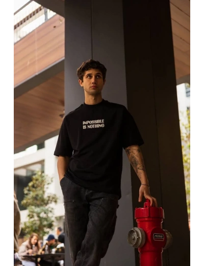 Erkek Bisiklet Yaka Baskılı Oversize T-Shirt - Siyah