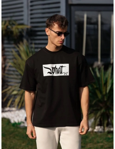 Erkek Bisiklet Yaka Baskılı Oversize T-Shirt - Siyah