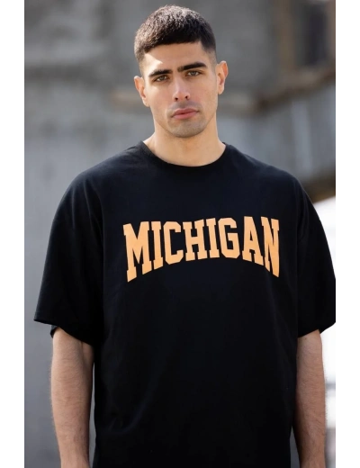 ERKEK Bisiklet Yaka Baskılı Oversize T-Shirt - Siyah