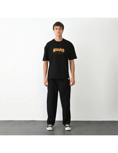 Erkek Bisiklet Yaka Baskılı Oversize T-Shirt - Siyah