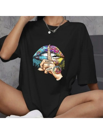 kadın  Bisiklet Yaka Baskılı Oversize T-Shirt - Siyah