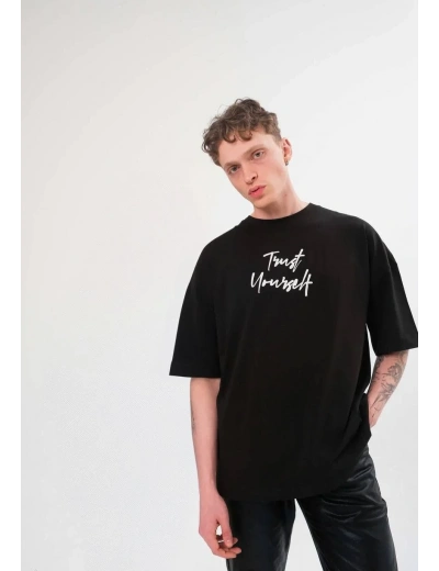 ERKEK Bisiklet Yaka Baskılı Oversize T-Shirt - Siyah