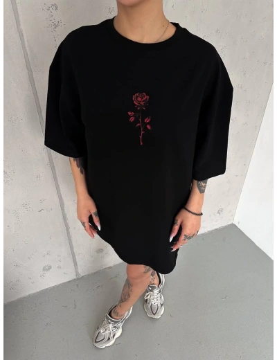 kadın Bisiklet Yaka Baskılı Oversize T-Shirt - Siyah