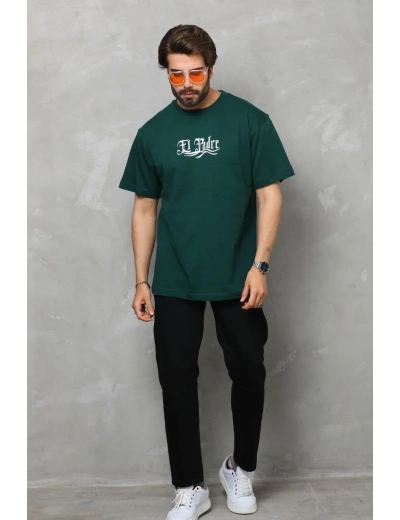 Erkek  Bisiklet Yaka Baskılı Oversize T-Shirt - Yeşil
