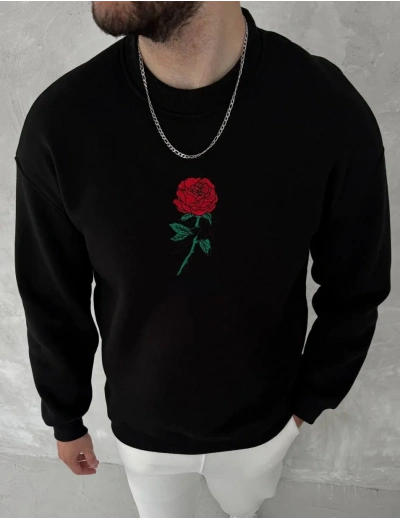 ERKEK  Bisiklet Yaka Ön Ve Arka Baskılı SweatShirt - Siyah