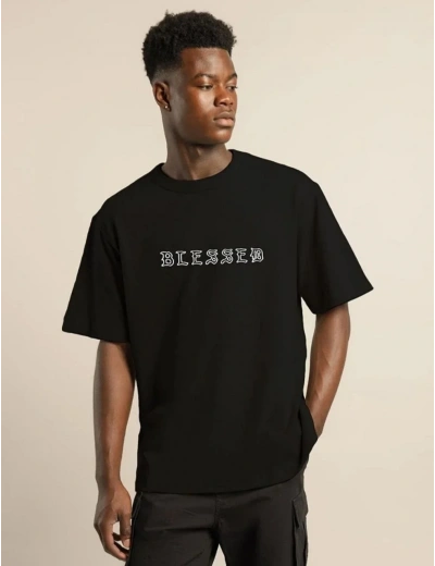 ERKEK Bisiklet Yaka Oversize Baskılı T-Shirt - Siyah