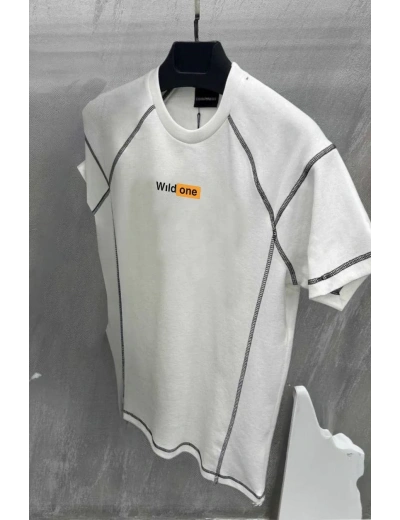 Erkek Tişört Karoyaka Dikişli Oversize T-Shirt - Beyaz