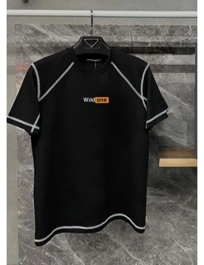 Erkek Tişört Karoyaka Dikişli Oversize T-Shirt - Siyah