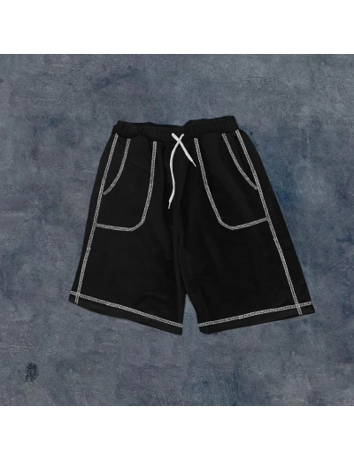 Erkek  Dikişli Cepli Oversize Şort - Siyah