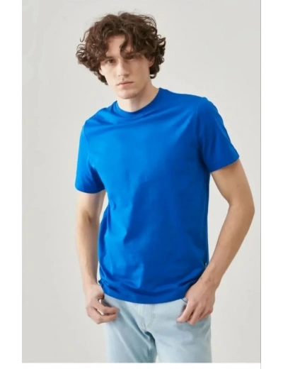 ERKEK Düz Biskilet Yaka Oversize T-shirt - Mavi