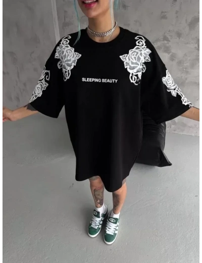 Unisex Flok Kabartma Baskılı T-Shirt - Siyah